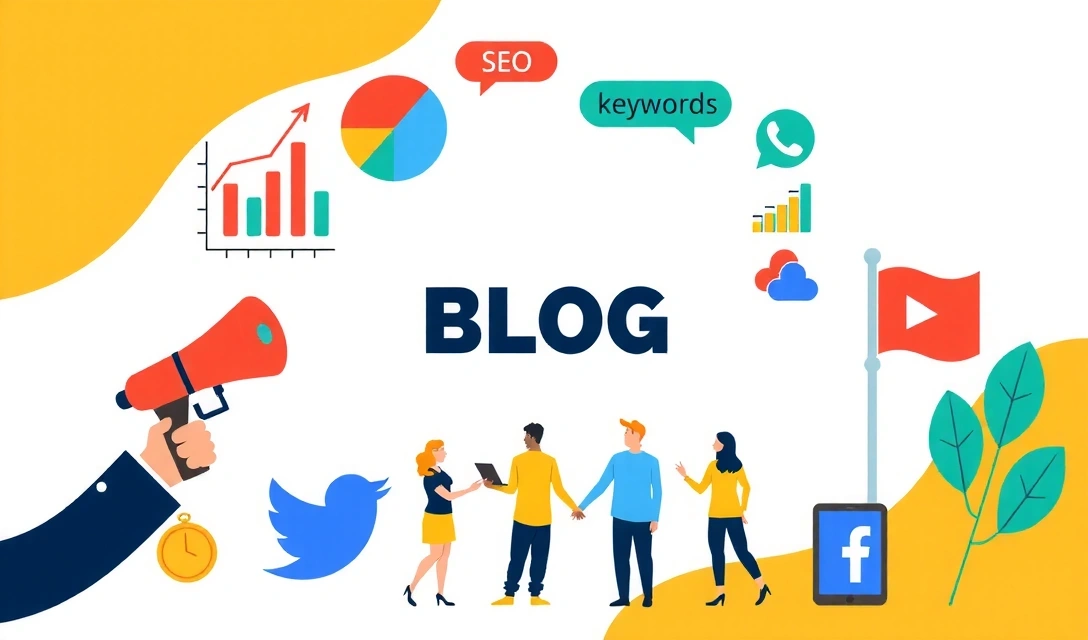 Ilustrace moderního blogu s analytickými grafy a digitálními ikonami