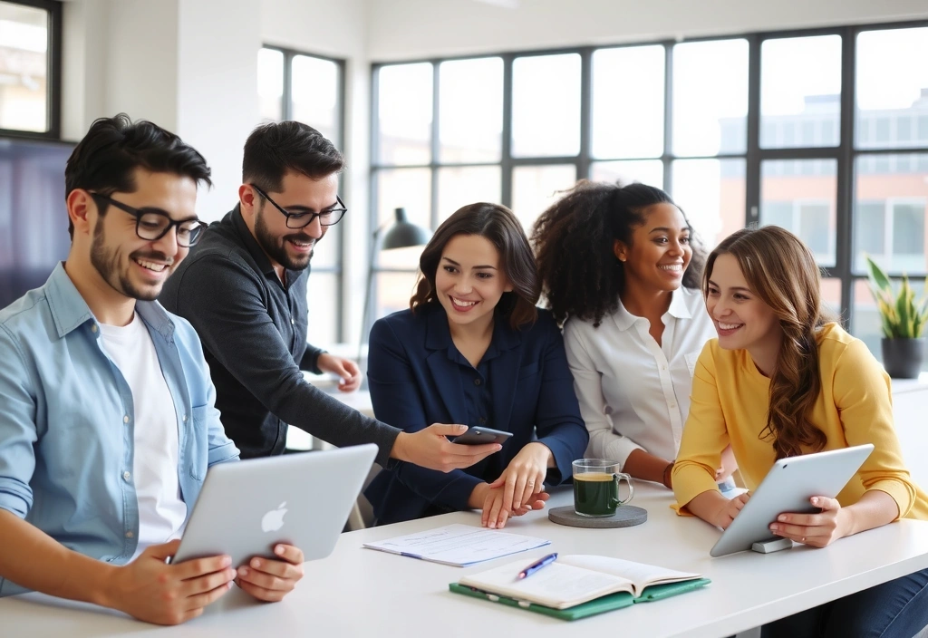 Tým Brandwing v moderní kanceláři, spolupracující na projektu s úsměvy a energií.