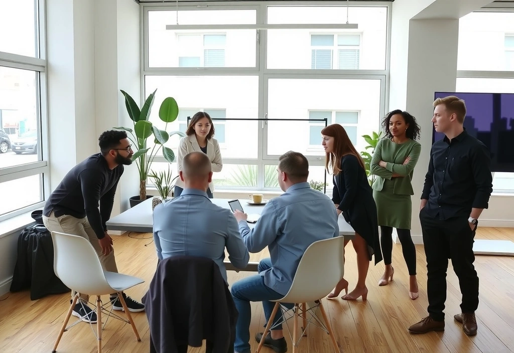 Moderní kancelář Brandwing s týmem diskutujícím strategii