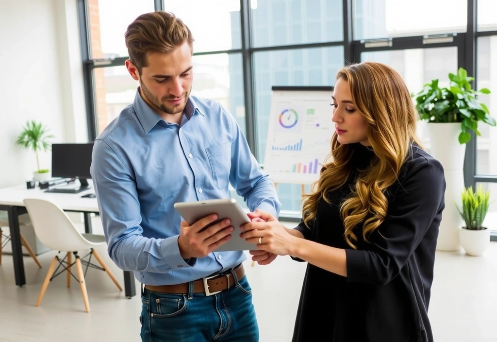 Dva lidé diskutují data na tabletu